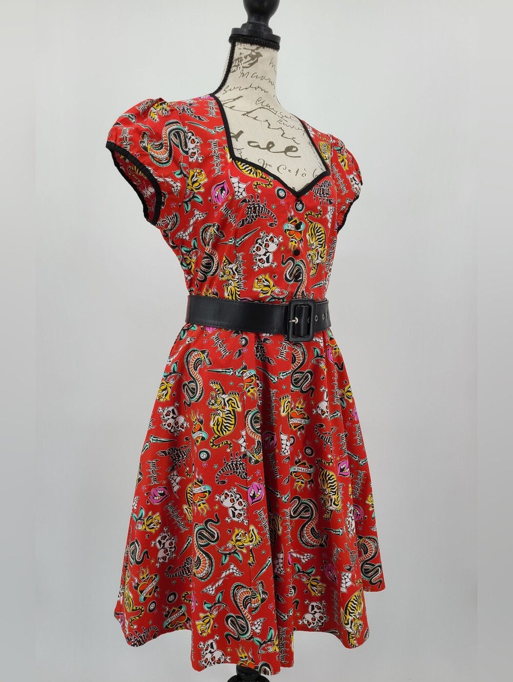 Modcloth Tattoo Print Fit-and-Flare Dress with Black Belt Size XL